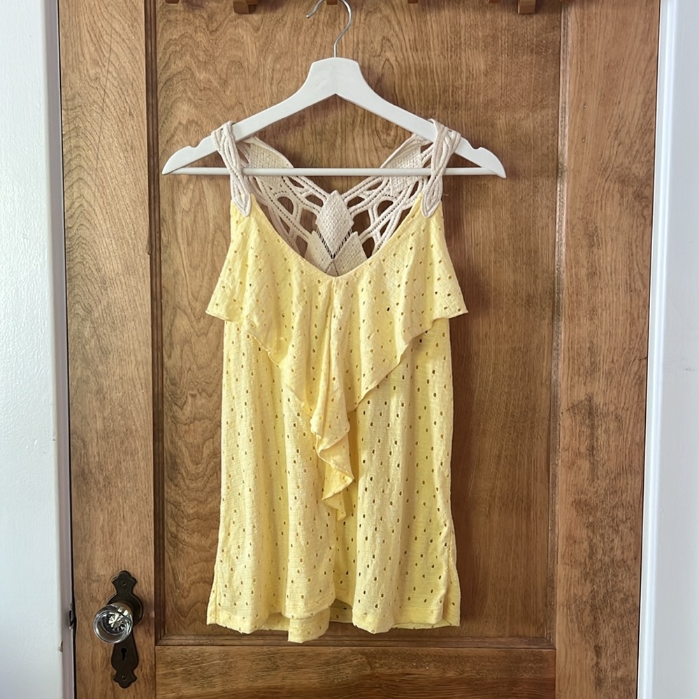 Maurices Yellow Tank with Lace Back and Strap Detailing and Front Ruffle